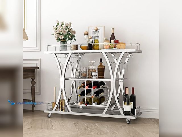 Lot 49-1550175 - FABOMEI Silver Bar Carts with Glass Holders & Wine Rack, 3 Tier Home Bar Serving Carts with Glass Sh...