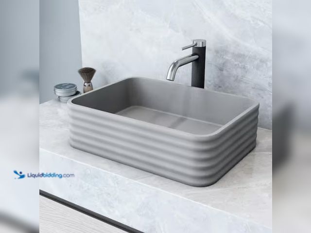 Lot 49-1567594 - VIGO Cadman Modern Gray Concreto Stone 18 in. L x 13 in. W x 5 in. H Rectangular Fluted Bathroom Ves...