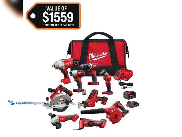 Lot 49-5512699 - Milwaukee M18 18-Volt Lithium-Ion Cordless Combo Kit 9-Tool with 2-Batteries, Charger and Tool Bag. ...