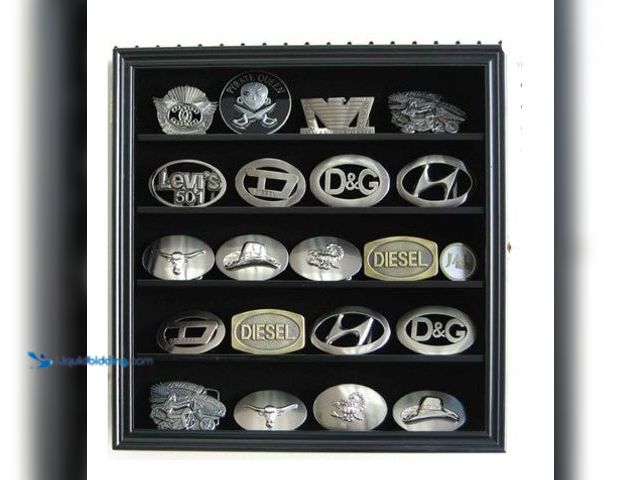 Lot 49-3480470 - DisplayGifts 3" Belt Buckle Display Case Wall Shadow Box Cabinet Glass Door, Small, Black, BCLC01-BL...