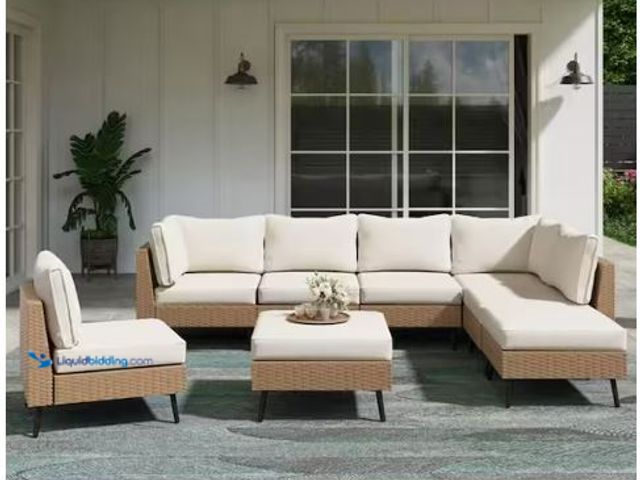Lot 49-1630964 - LauSaint Home 8-Pc Tan Wicker Outdoor Sectional Set with Beige Cushions (MSRP $1,063.00) Model # FRS...