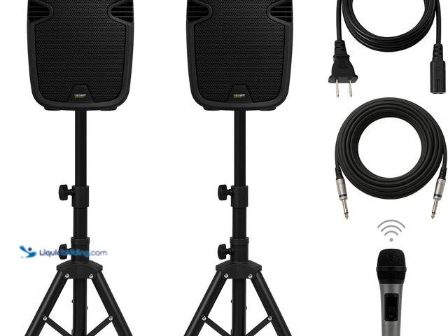 Lot 49-3515387 - Bowens 8-Inch Bluetooth PA Speaker Set – Portable Speakers Bluetooth Wireless Microphone with Stands...