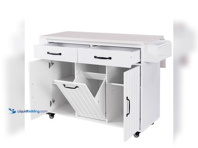 Lot 49-5463803 - Nestfair
White Wood 51 in. Kitchen Island with Trash Can, Drop Leaf, Drawers and Adjustable Shelf (...