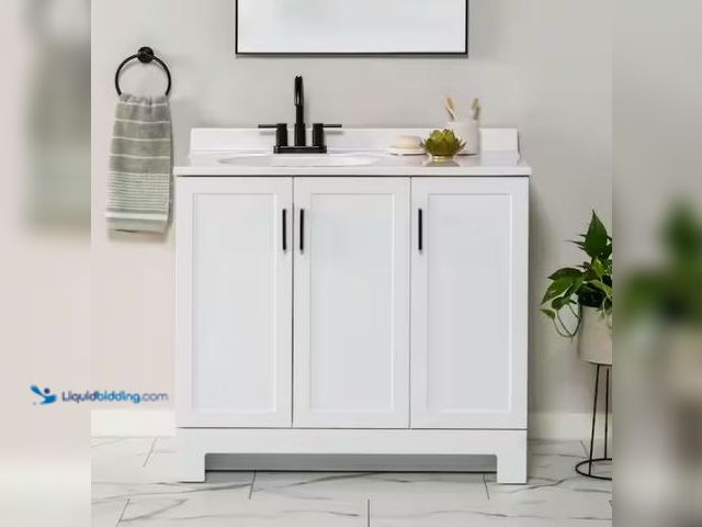 Lot 49-1569763 - Glacier Bay Oakley 37 in. Single Sink White Bath Vanity with White Cultured Marble Top (Assembled), ...