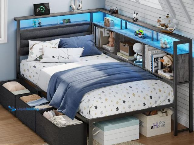 Lot 49-1632092 - Twin Corner Bed Frame with 3 Storage Drawers & Bookcase, Charging Station and LED Lights, Metal Cons...