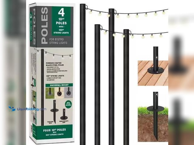Lot 49-3639377 - Set of (4) 10 Ft. Outdoor String Light Poles with 100-Ft 100-Light LED Plug-In Globe Bulb String Lig...