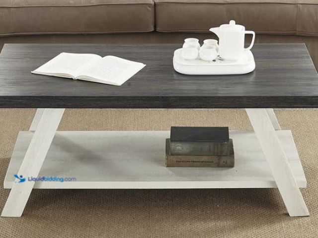 Lot 49-5460317 - Athens Contemporary Two-Tone Wood Shelf Coffee Table in Weathered Charcoal and Beige Item is used wi...