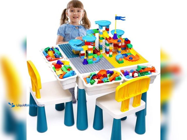 Lot 49-3565441 - Kids Activity Table Toddlers Kids Table and Chair Set with 152Pcs Large Marble Run Building Blocks A...