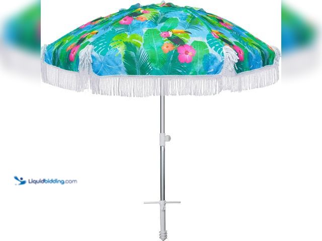 Lot 49-5546077 - AMMSUN 6.5ft Heavy Duty HIGH Wind fringe Beach Umbrella with sand anchor Vent Tilt Portable Sun Shel...