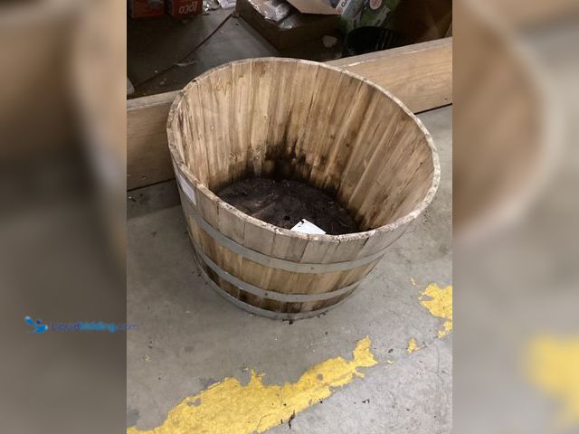 Lot 49-5488220 - 26 in. Natural Acacia Wood Barrel. Model # G3054. Unused, rusted from storage/shipping.