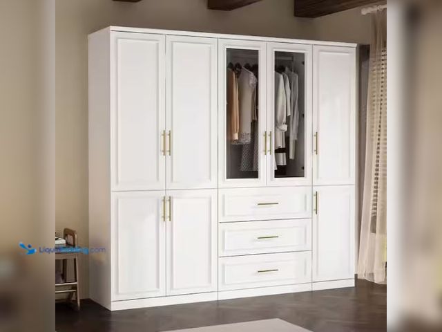 Lot 49-1569572 - FUFU&GAGA 3-Combination White Wood 79.1 in. W 8-Door Big Armoires with Hanging Rods, Drawers, Shelve...
