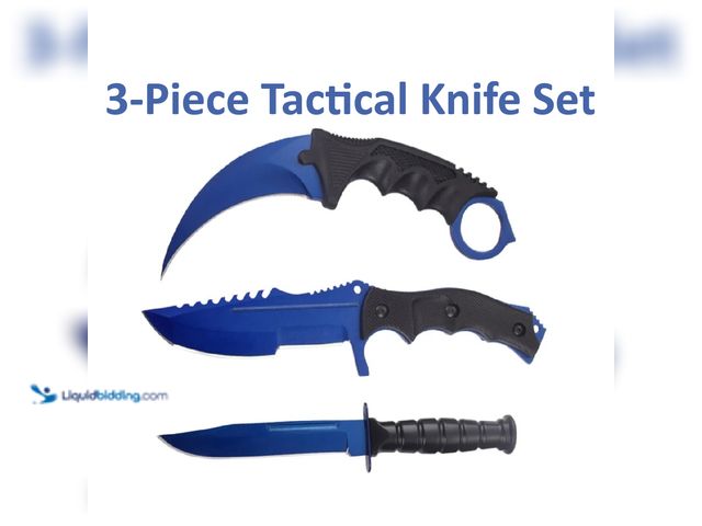 Lot 49-5434138 - Tactical Fixed Blade 3-Piece Combo Knife Set Blue - NEW - Each knife features a stainless steel blad...