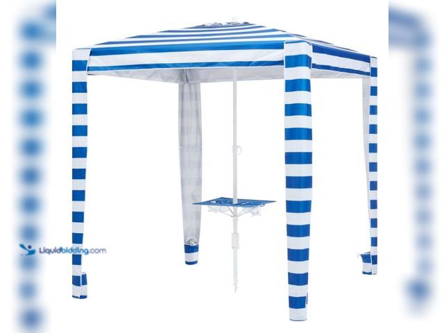 Lot 49-5552302 - Mainstays MSS436125566012 6 Ft Blue And White Stripe Beach Umbrella With UPF 50+. Unused