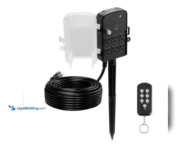 Lot 49-3564045 - Outdoor Power Stake, 100 ft. Cord, Weatherproof Power Strip, Remote Control Dusk to Dawn Timer, 6 Ou...