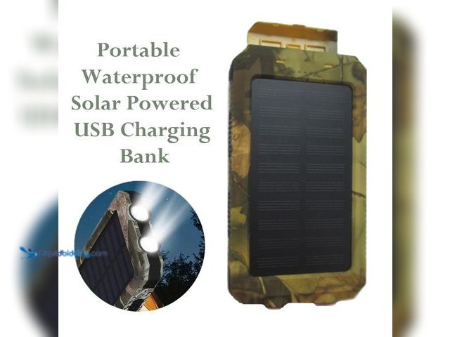 Lot 49-1616500 - Portable Waterproof Solar Powered USB Charging Bank with Dual Output, Compass and Dual LED Flashligh...