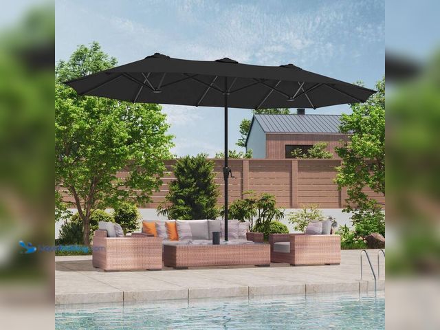 Lot 49-5406404 - Joysery 13 x 7.2 ft. Steel Double-Sided Outdoor Market Patio Umbrella with Crank in Black, Model#SM4...