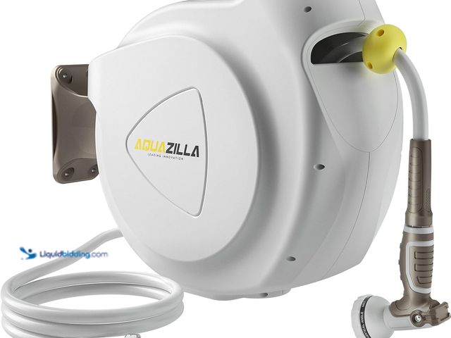 Lot 49-5416049 - Retractable Garden Hose Reel, 5/8 in 100+6 ft, Heavy Duty Wall Mounted Water Hose Reel, Spring Power...