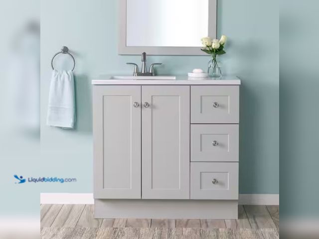Lot 49-1598975 - Glacier Bay Bannister 37 in. Single Sink Pearl Gray Bath Vanity with Granite-Look Colorpoint White C...