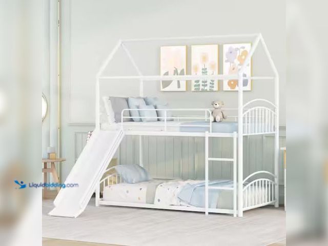 Lot 49-2000902 - Harper & Bright Designs White Twin-Over-Twin Metal Bunk Bed with Slide and Ladder, Model # QMY080AAK...