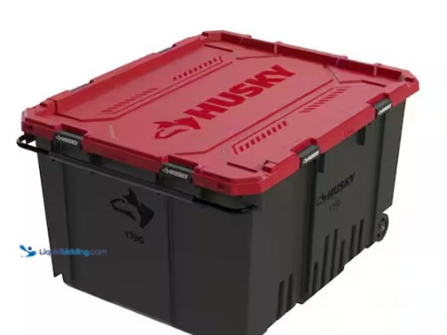 Lot 49-5546127 - 170 Gal. Pro Grip Storage Tote in Black with Red Lid (cracked) (scuffs and scratches) (shipping dama...