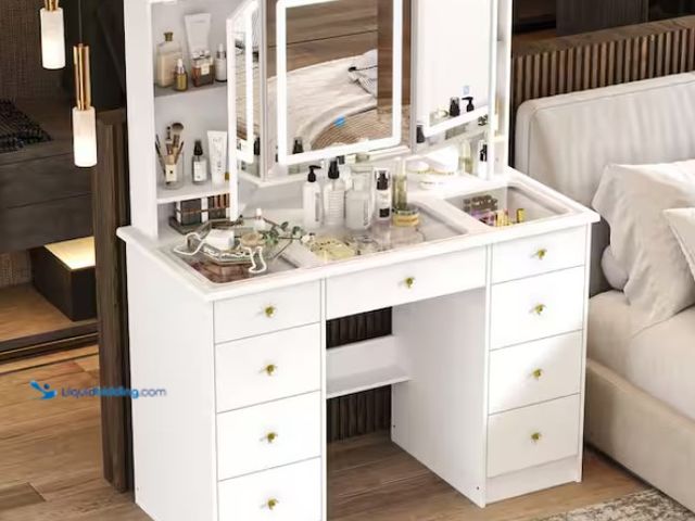 Lot 49-1562786 - FUFU&GAGA Makeup Vanity Desk 9 Drawers Wood Dressing Table With 3 Mirrors, Glass Top, Hidden Storage...