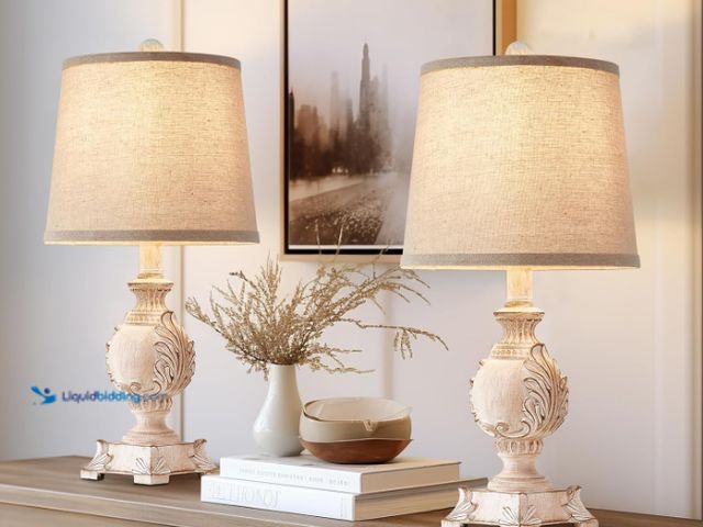 Lot 49-1552356 - 21'' Small Table Lamps Set of 2 Farmhouse Bedside Lamps for Bedroom Nightstand Vintage Carved Floral...