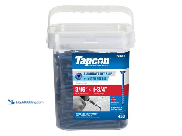 Lot 49-5552376 - Tapcon
3/16 in. x 1-3/4 in. Star Flat-Head Concrete Anchors (450-Piece). Model # 28655. New