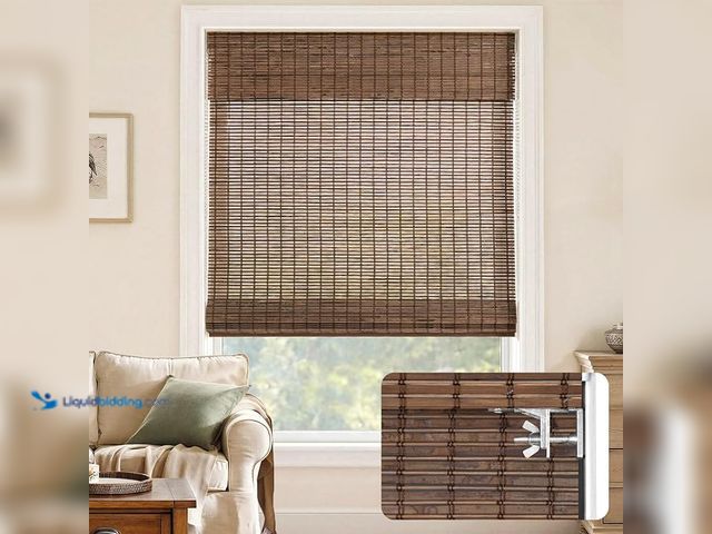 Lot 49-1622408 - Laz Blinds No Drill Bamboo Roman Shades, 20" W x 48" H, Malay Walnut | Cordless Light Filtering Natu...
