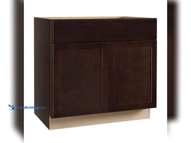 Lot 49-5454142 - Hampton Bay Shaker 36 in. W x 24 in. D x 34.5 in. H Assembled Sink Base Cabinet in Java. Model # KSB...