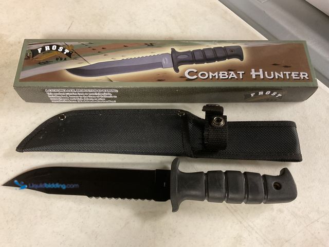 Lot 49-1505644 - COLLECTIBLE COMBAT HUNTER 12 INCH OVERALL BOWIE KNIFE STAINLESS STEEL BLADE HEAVY DUTY SHEATH IN ORI...
