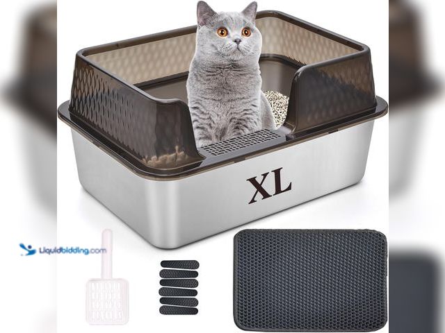 Lot 49-5413366 - Suhaco Stainless Steel Litter Box Side Entry, Kitty Litter Mat and White Scoop Included Covered Meta...