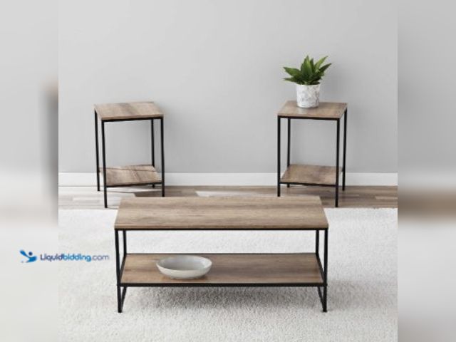 Lot 49-2025482 - (3-Piece) Mainstays Coffee and End Table Set with Rustic Brown Finish and Black Metal Frame, Model #...