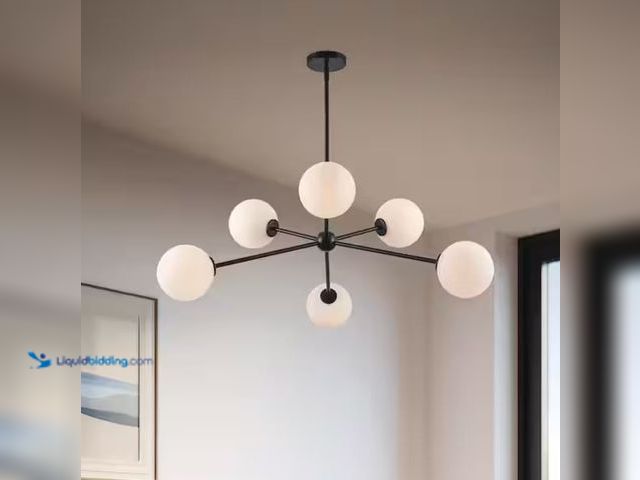 Lot 49-1631889 - Hampton Bay 39 in. Avaline 6-Light Black Cluster Pendant Light with Glass Shades, Model # HPI-10085,...