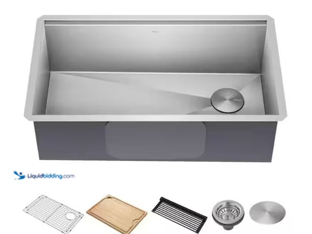 Lot 49-1631790 - KRAUS Kore 32 in. Undermount Single Bowl 16 Gauge Stainless Steel Kitchen Workstation Sink with Acce...