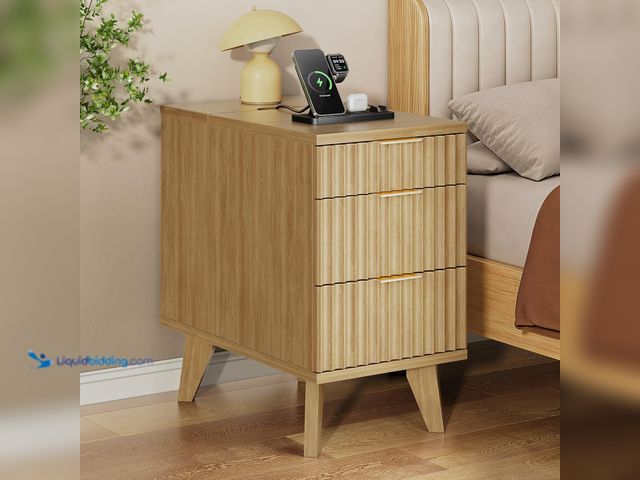 Lot 49-5552543 - Kalrin Fluted Narrow Nightstand with 3 Drawers(Natural Oak) | Modern Bedside Table with Hidden Outle...
