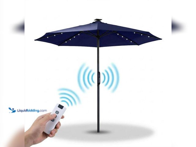 Lot 49-1630913 - Mondawe 10 ft. Motorized Patio Umbrella with Solar LED Lights in Blue, Base Not Included, Model # MO...