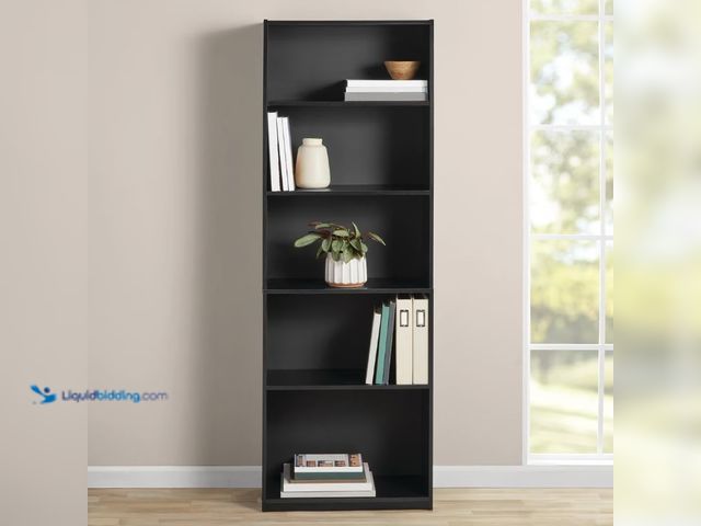 Lot 49-5543065 - Mainstays 5-Shelf Bookcase with Adjustable Shelves, True Black Oak. Unused with hardware.
