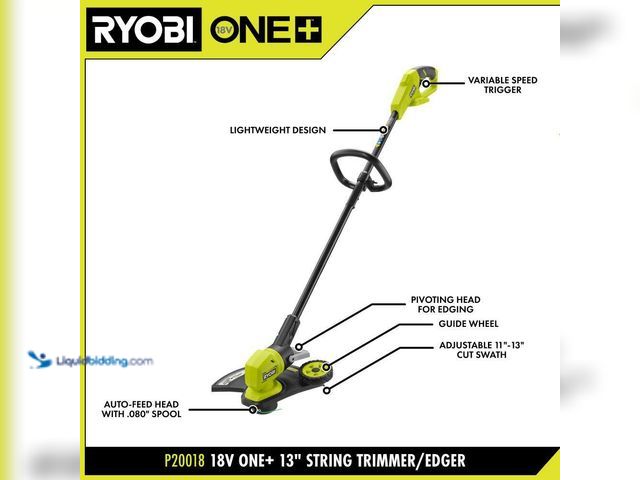 Lot 49-5552593 - RYOBI
ONE+ 18V Cordless Battery String Trimmer/Edger. Tool Only. Model # PCLCK202K. Unused with NO ...