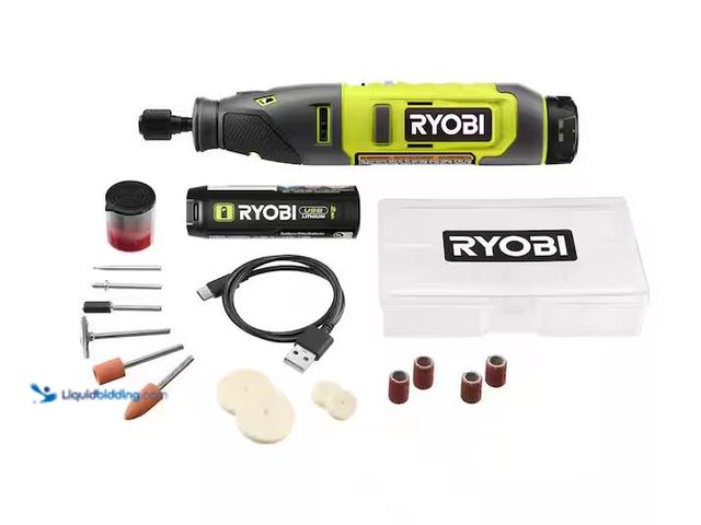 Lot 49-5573290 - RYOBI
USB Lithium Rotary Tool Kit with 2.0 Ah USB Lithium Battery and Charging Cable, Unused with b...