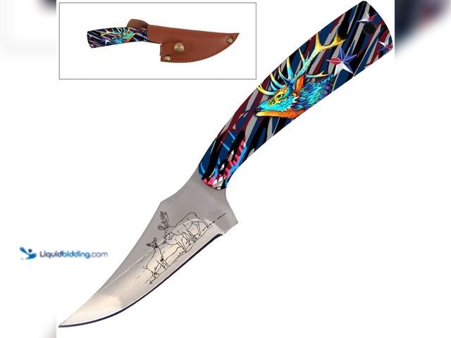 Lot 49-1811762 - Full Tang Fixed Blade Skinning Knife 7" with Deer Handle - NEW - The skinner style blade curves upwa...