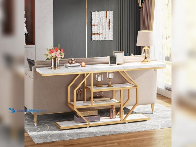 Lot 49-5453016 - Tribesigns 70.9 inch Extra Long Console Table, Modern Gold Sofa Table Behind Couch with Storage, 4 T...