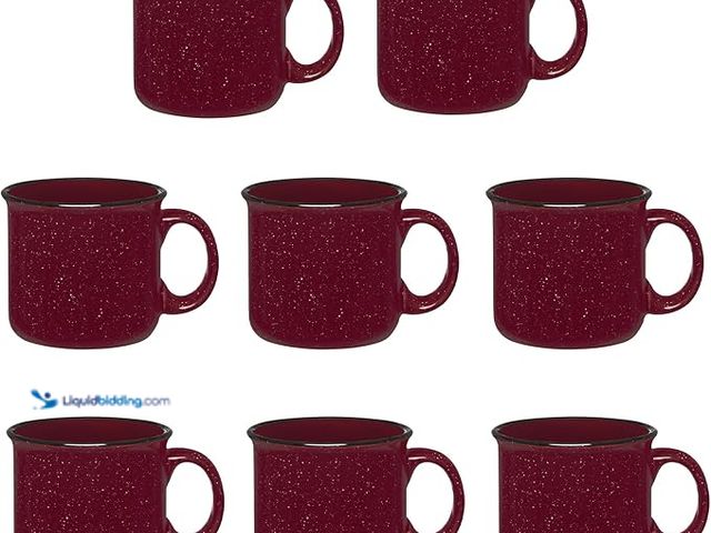 Lot 49-5433718 - Set of 8 Ceramic Campfire Mugs – 15 Oz, Maroon – Coffee & Tea Cups for Home, Work, Travel, Camping –...