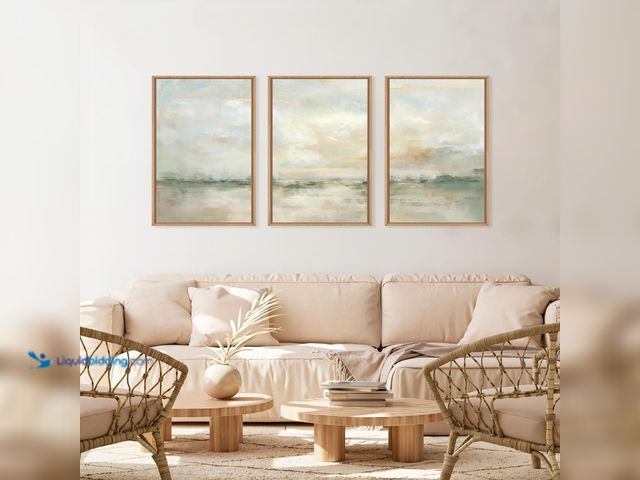 Lot 49-3565409 - LHIUEM Large Abstract Green Gray Pastel Framed Canvas Wall Art,Neutral Landscape Wall Decor,Modern W...