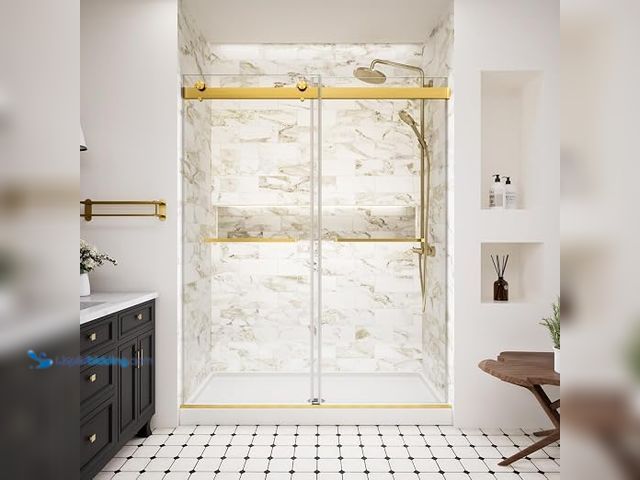 Lot 49-1632137 - Royal Guard 56-60"W x 74"H Frameless Double Sliding Shower Door, Brushed Gold (MSRP $539.99) Glass S...