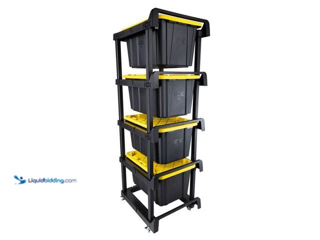 Lot 49-2021718 - HDX 4 Tier Plastic Shelving Tote Stacker with Casters in Black (24.8 in. W x 78.1 in. H x 29.6 in. D...