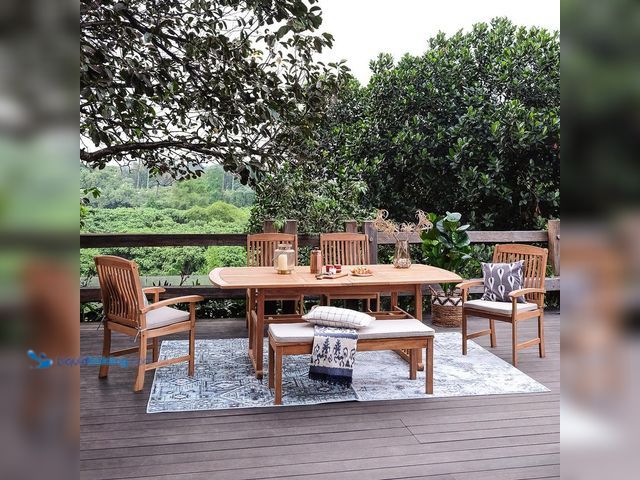 Lot 49-5425801 - Cambridge Casual Caterina 6 Piece Teak Wood Outdoor Dining Set with Beige Cushion. [Model # 610610-T...