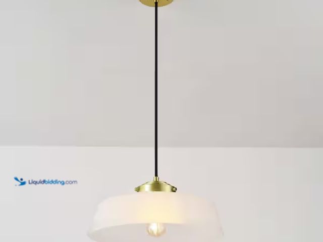 Lot 49-2000050 - Globe Electric 60-Watt 1-Light Brass Shaded Pendant Light with Frosted Glass Shade, Model # 91006029...