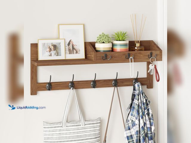 Lot 49-5488341 - AMBIRD Wall Hooks with Shelf, 26.57 Inch Entryway Wood Coat Hooks for Wall with Shelf, Coat Rack Wal...