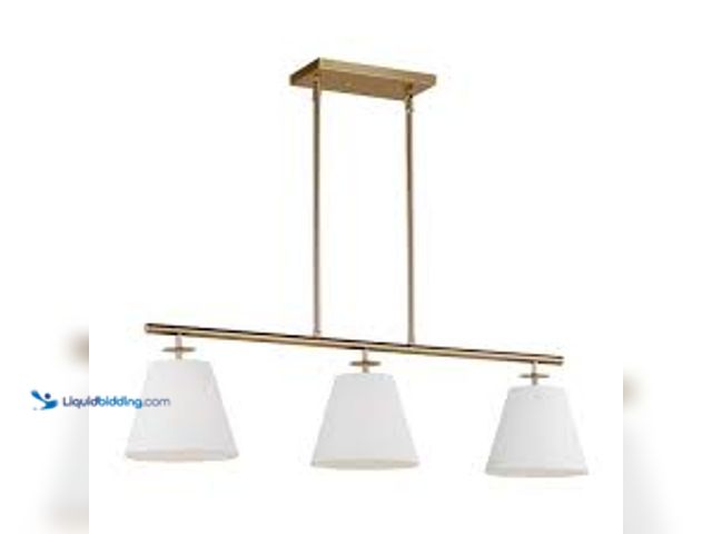Lot 49-5448459 - Generation Lighting Crestgrove 3-Light Satin Brass Linear Chandelier with White Linen Shades Model #...