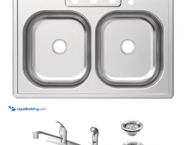 Lot 49-5460611 - Glacier Bay
33 in. Drop-In 50/50 Double Bowl 20 Gauge Stainless Steel Kitchen Sink with Faucet and ...